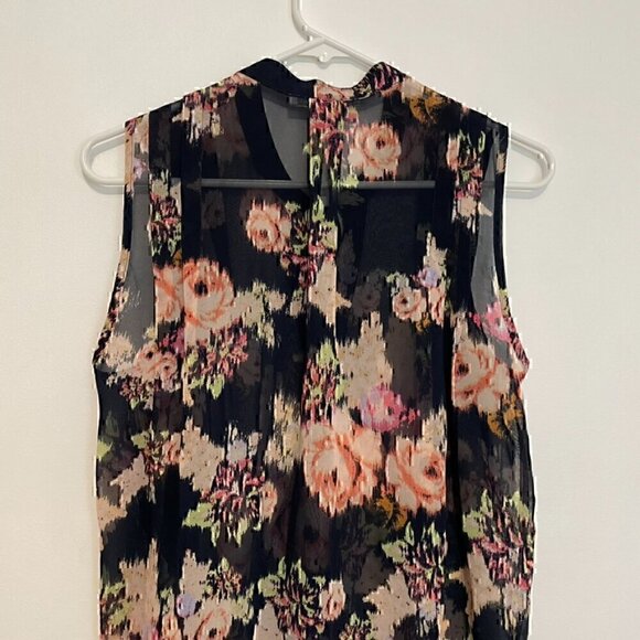 DANIEL RAINN Navy Blue Cream Ivory Multi Floral Tie Neck Button Down Tank Blouse - Picture 10 of 15